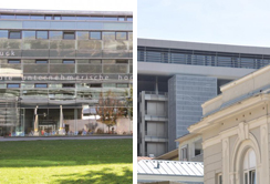 Gebäude Medizinische Universität Innsbruck & Management Center Innsbruck (li). Foto MUI bzw. MCI.
