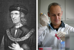 Darstellung Richard III (Fotolia_Georgios Kollidas) und Prof. Walther Parson bei der DNA-Analyse. (Gerichtsmedizin Innsbruck/ Lorbeg)